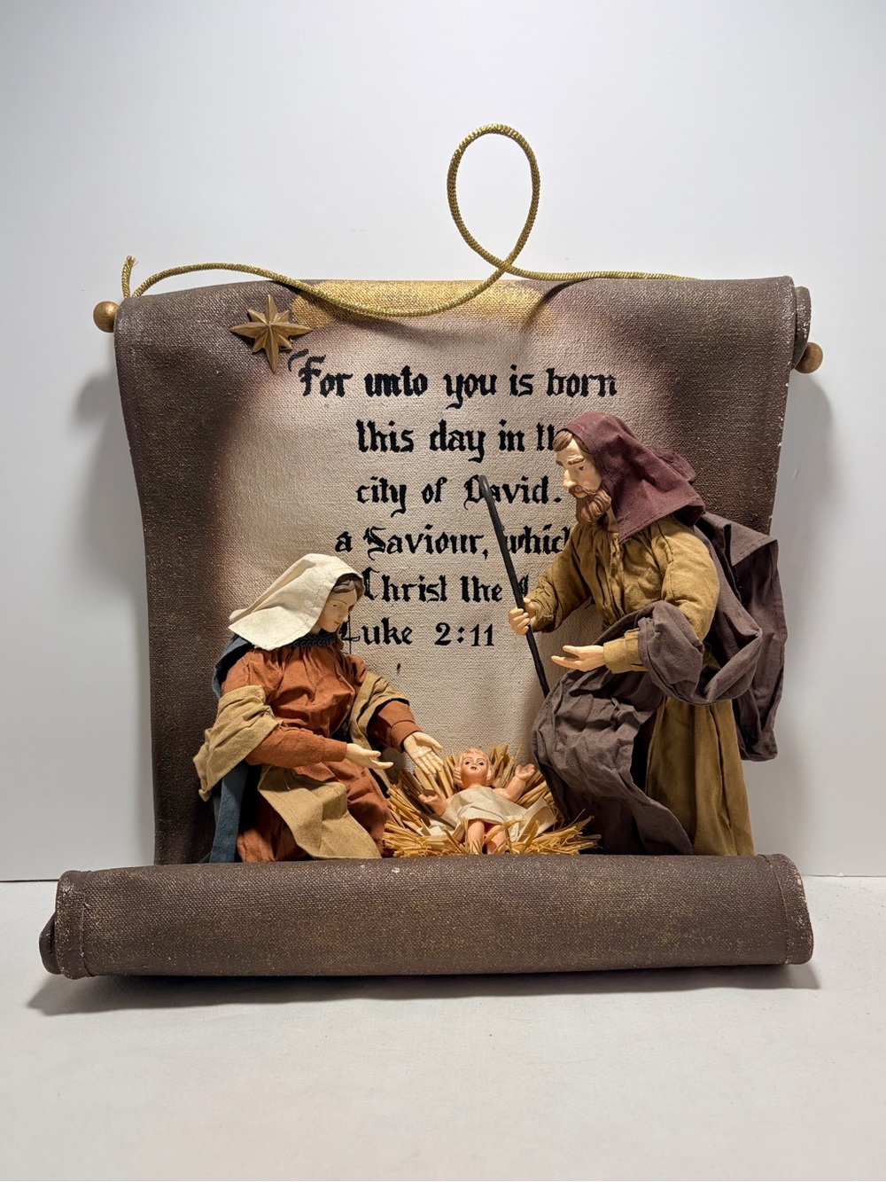 Vintage Nativity Scene Hanging Scroll Holy Family Bible Verse